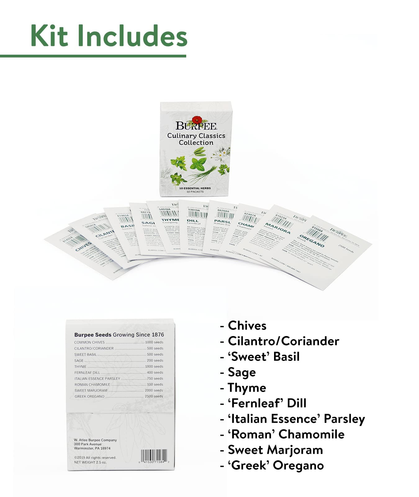 Burpee Culinary Classics Garden Collection 10 Packets of Non-GMO Chives, Cilantro, Basil, Sage, Thyme, Dill, Parsley, Chamomile, Marjoram & Oregano | Kitchen Herb Variety Pack, Seeds for Planting | Amazon (US)