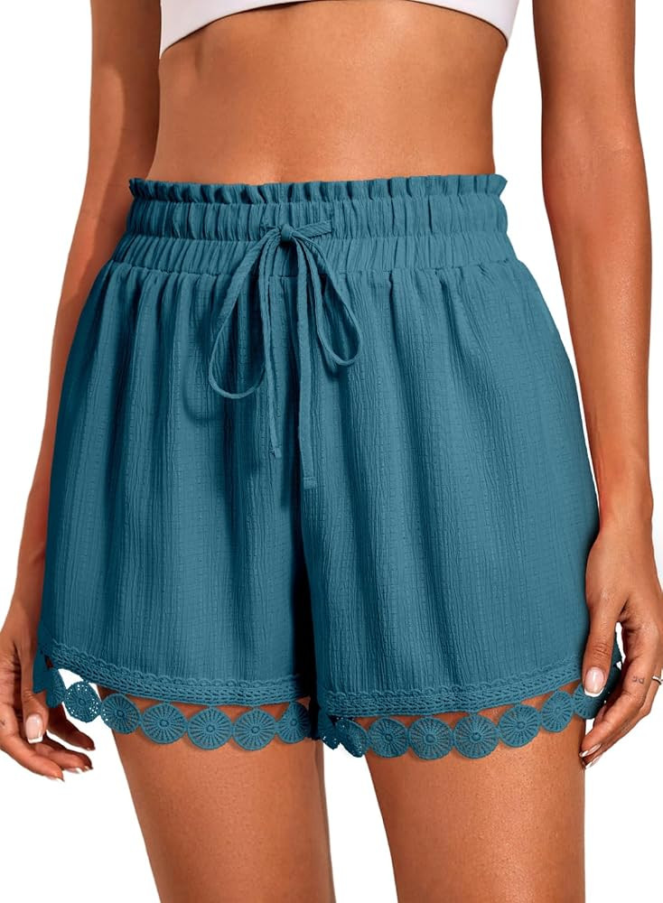 Dokotoo Womens Shorts Summer Casual Loose Elastic Waist Drawstring Lace Boho Beach Cover Up Short... | Amazon (US)