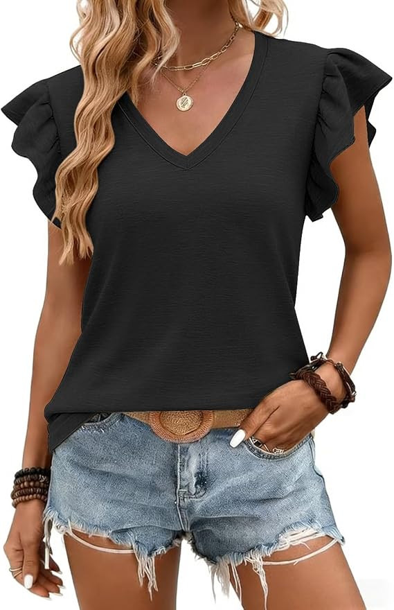 JUSTFASHIONNOW Womens Summer Tops Striped T-Shirts Ruffle Short Sleeve V Neck 2026 Casual Tee Tre... | Amazon (US)