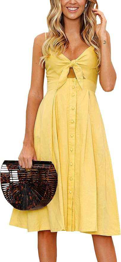 ECOWISH Women 2026 Summer Dresses Tie Front V-Neck Spaghetti Strap Button Down A-Line Backless Sw... | Amazon (US)
