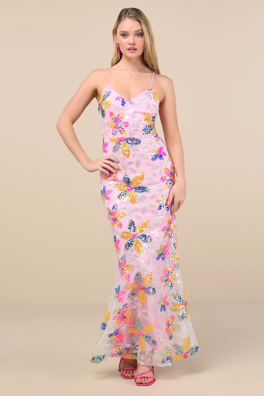 Isleen Light Pink Sequin Lace-Up Mermaid Maxi Dress | Lulus