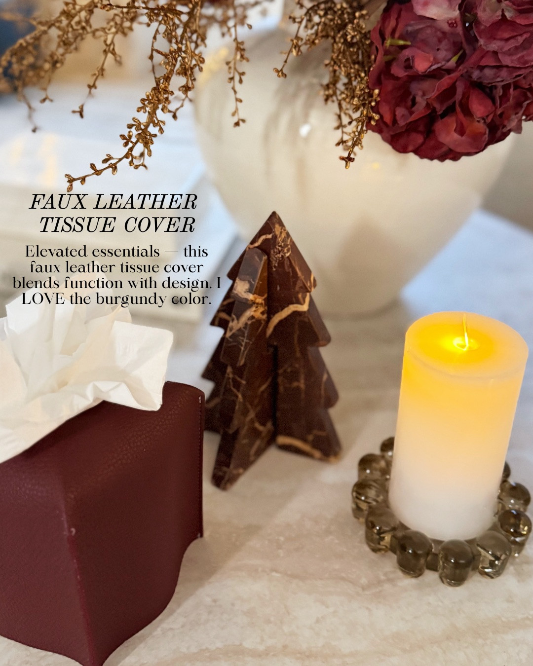 ✨ELEVATED ESSENTIALS · FUNCTION MEETS DESIGN✨ Small details make the biggest impact — this faux leather tissue cover is the perfect blend of style and function. The rich burgundy tone adds a sophisticated touch that feels both modern and timeless, seamlessly complementing any room or holiday vignette.

#TheHillaryStyle #Amazon #AmazonHome #HomeDecor #AmazonFinds #AffordableLuxury #ChicOnABudget #ModernClassic #EverydayStyle #HomeInspo #ElegantDetails #DesignerInspiredStyle #HolidayHome #ElevatedEssentials 

 #LTKSeasonal #LTKOver40 #LTKStyleTip