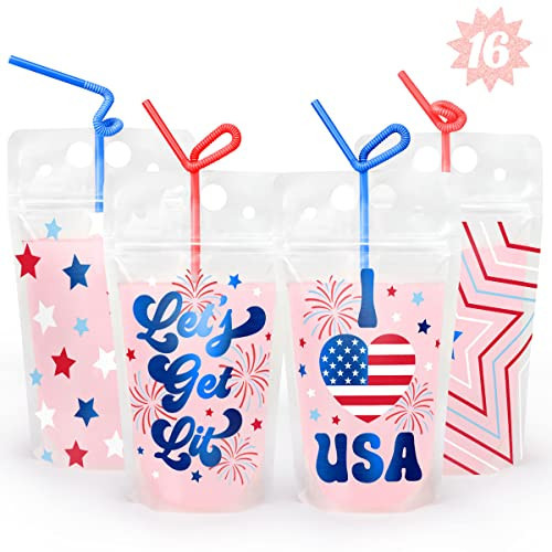 xo, Fetti Fourth of July Party Decorations Drink Pouches - 16 count | USA Party Favors, American Flag Party Supplies, 4th of July Decorations, Stars and Stripes Decor | Amazon (US)
