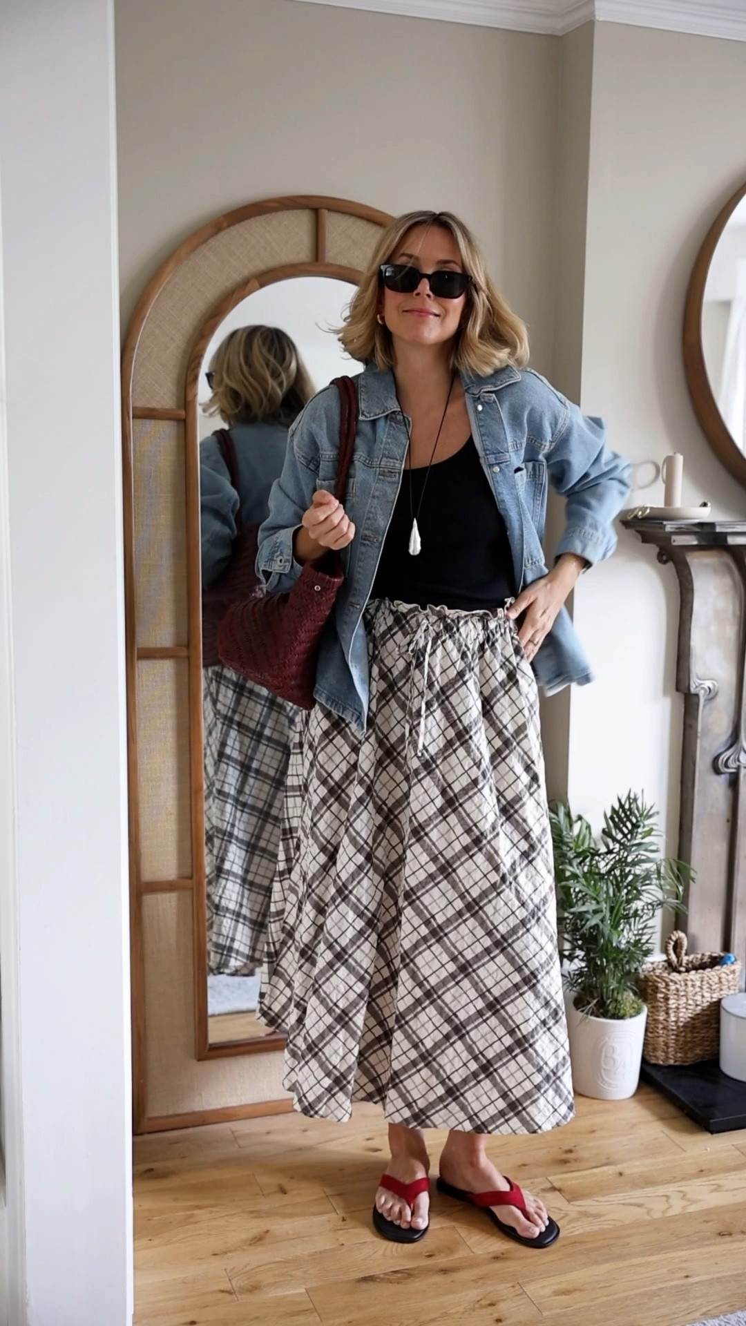 Spring outfit, denim jacket, denim shirt, basket bag, red flip flops, red sandals 

#LTKuk #LTKsummer #LTKspring