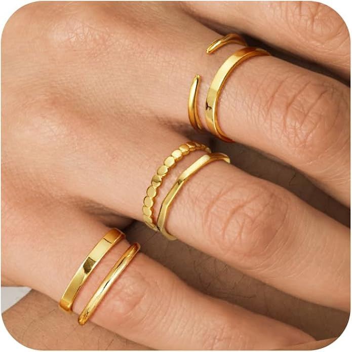 Moodear Trendy 14K Gold Plated Ring Set Non Tarnish - Dainty 6Pcs Thin Stackable Open Thumb Rings... | Amazon (US)