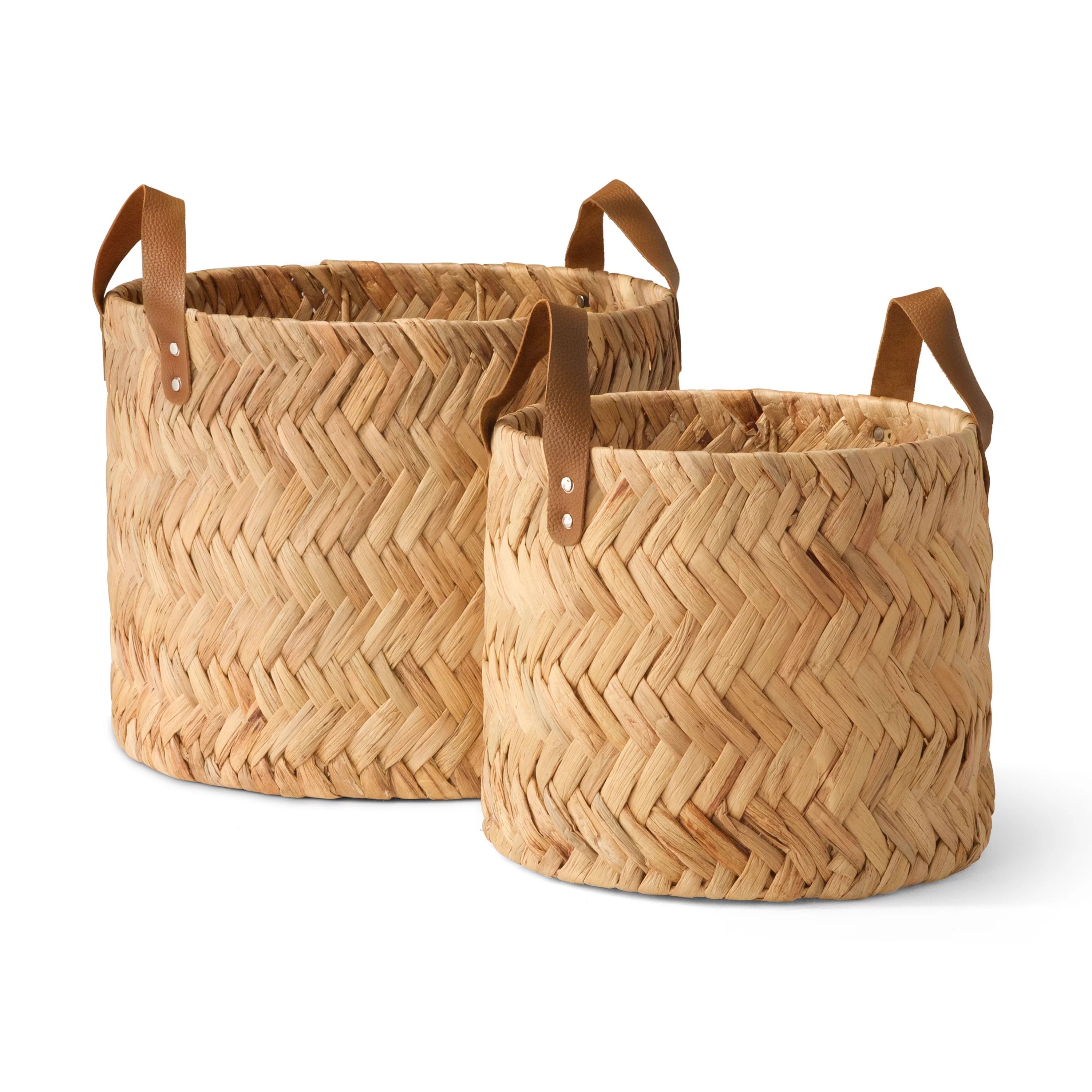 MoDRN Naturals Water Hyacinth Herringbone Basket with Leather Handles, Round, Set of 2 | Walmart (US)