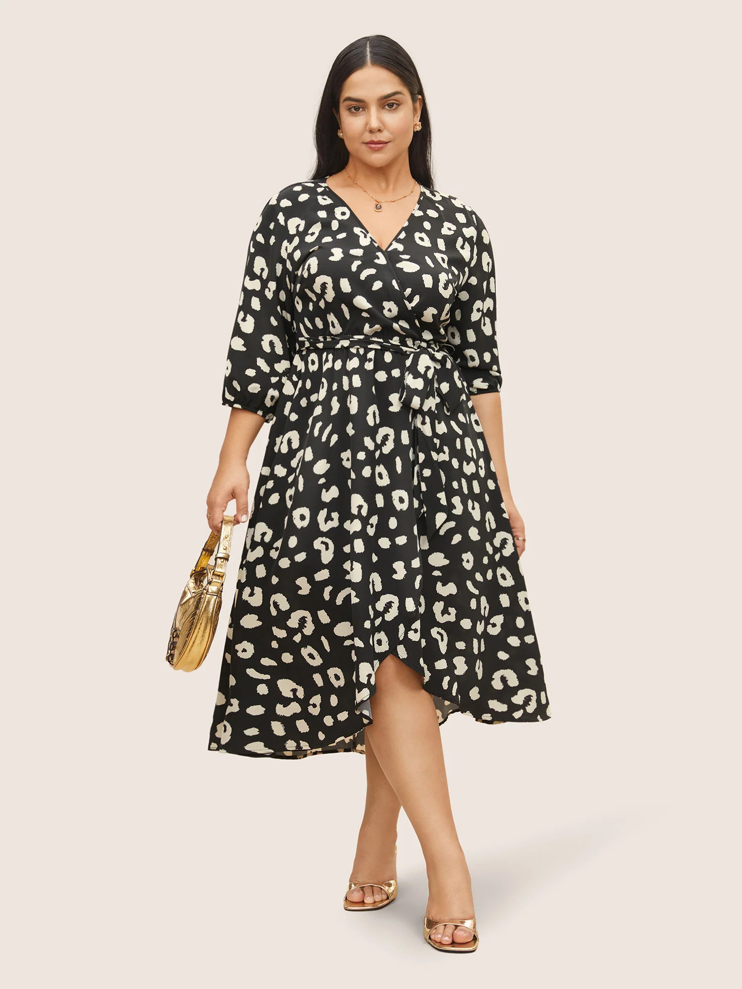 Leopard Overlap Collar Elastic Waist Belted Dress | Bloomchic
