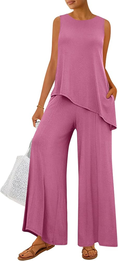 PRETTYGARDEN Women's 2026 Two Piece Matching Lounge Sets Asymmetrical Split Tank Tops Wide Leg Pa... | Amazon (US)