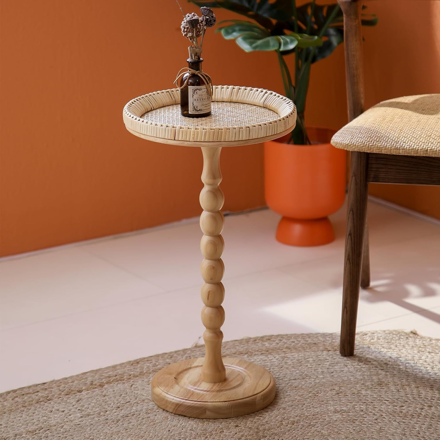 HuiDao Drink Table，Rattan Round Small Side Table for Small Spaces, Boho Circle End Table Coffee Table with Solid Wood Leg for Living Room, Pedestal Table for Bedroom, Corners | Amazon (US)