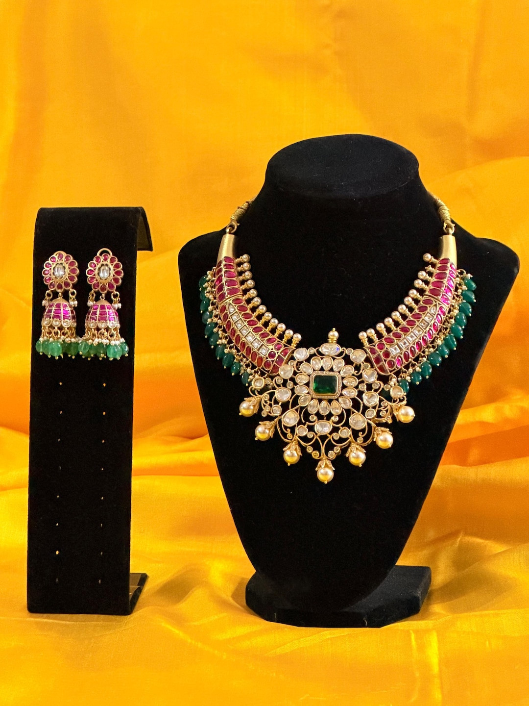 Jadau Kundan Necklace with Earrings | Guttapusalu Style | Indian jewelry | Festive wear | Kanti s... | Etsy (US)