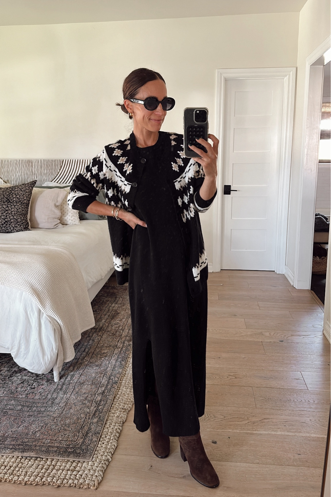 How the fair isle cardigan looks styled on the body. (Xs) 
@bloomingdales friends and family sale is going on right now- 25% off a wide selection of items 
This cashmere dress is part of the sale- I went up a size for a looser and longer fit 
And this fair isle cardigan is also part of the sale (tts with a longer fit) 
I’m a 6.5 in shoes and have a 7 in the boots. 
#ad #bloomingdale’s 

#LTKOver40