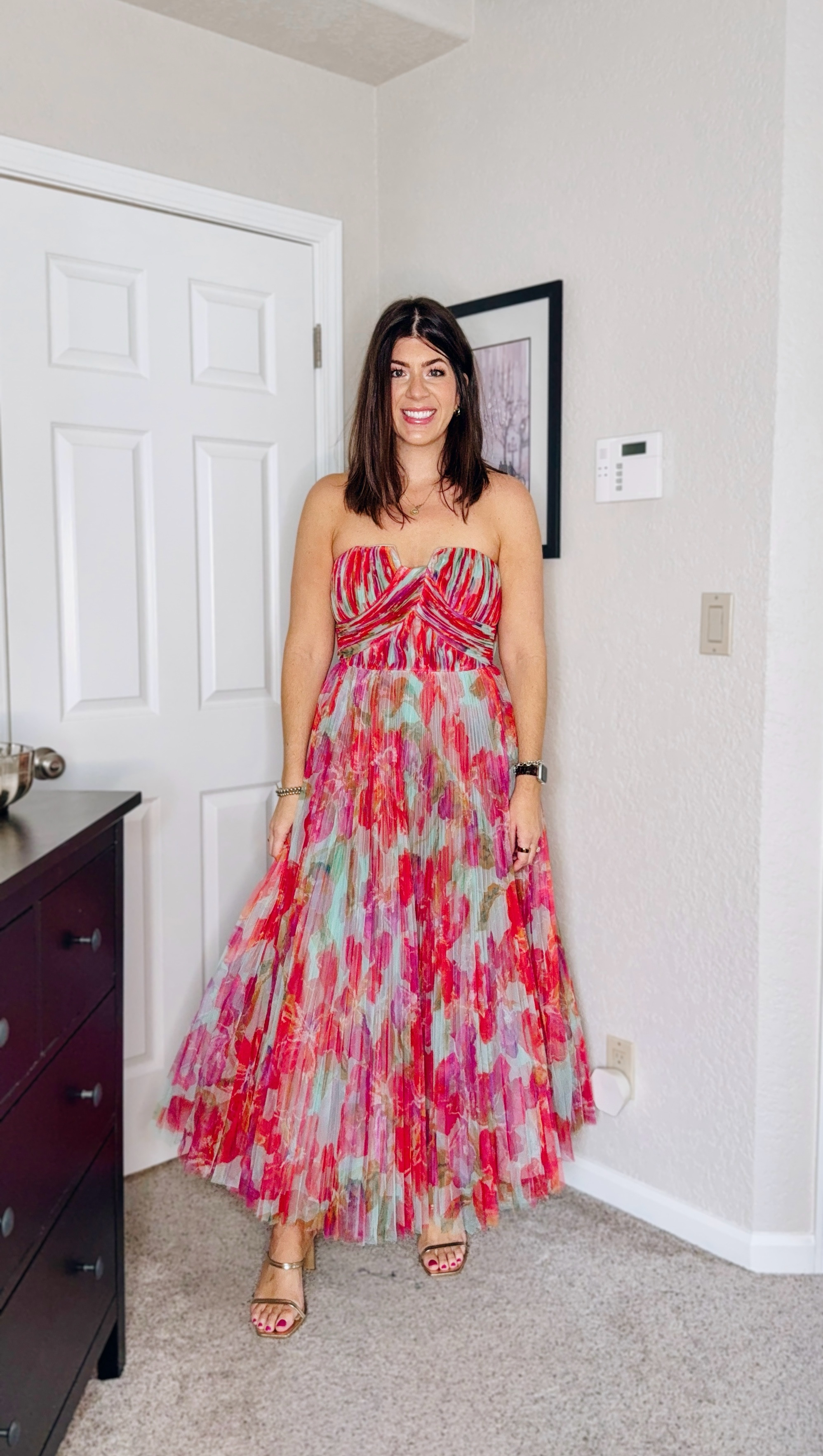 In an 8 in the strapless te length wedding guest dress 

#LTKStyleTip #LTKMidsize #LTKWedding