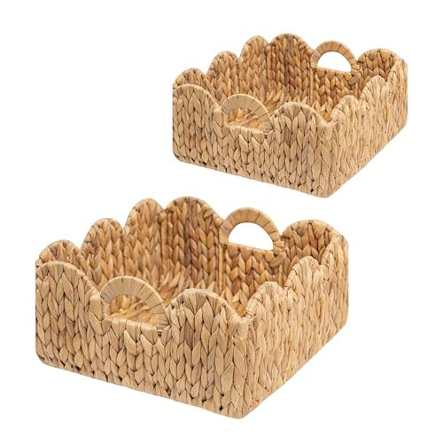 Set of 2 Scalloped Basket | Hand Woven Scallop Basket | Scalloped Wicker Basket with Handles | Scalloped Edge Basket Shelf Decorative | Natural Water Hyacinth scalloped baskets for Organizing | Amazon (US)