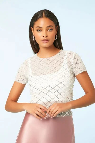 Mesh Faux Pearl & Sequin Crop Top | Forever 21