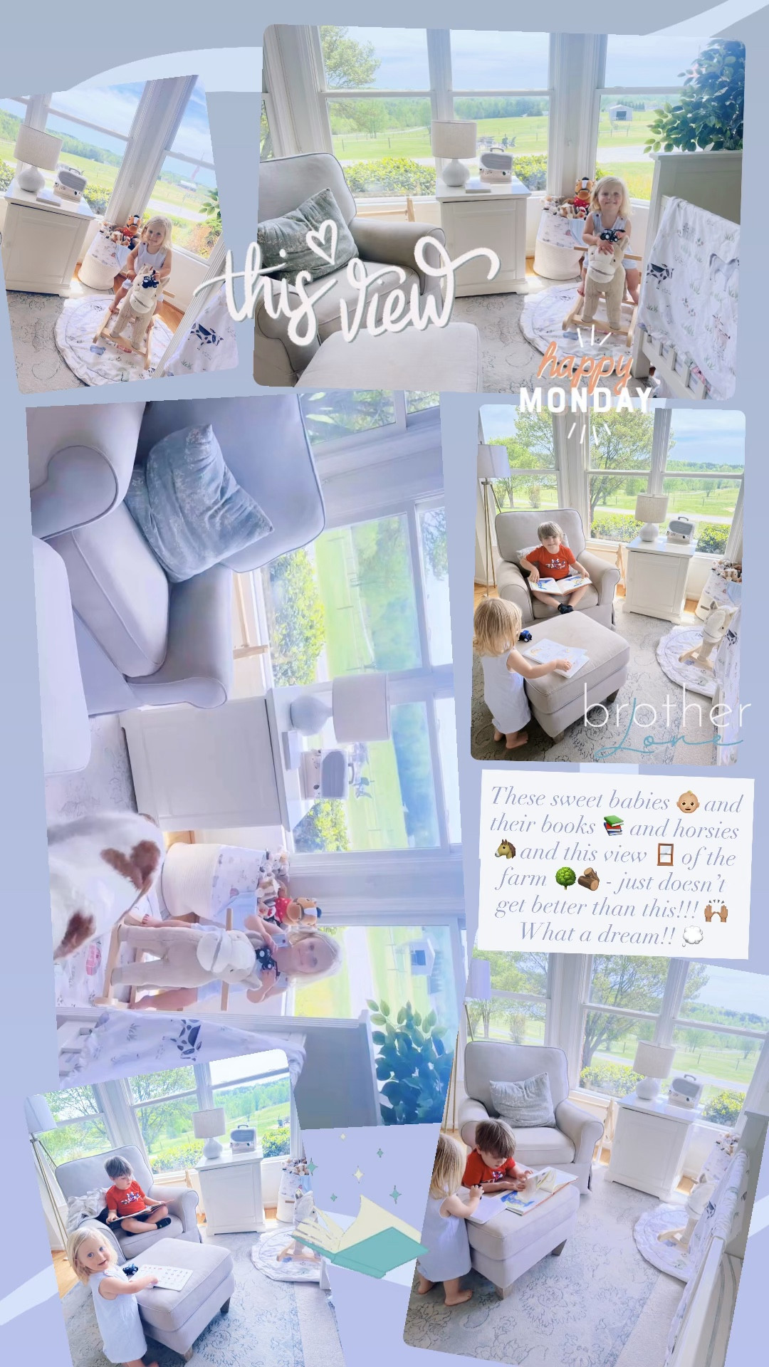 These sweet babies 👶🏼 and their books 📚 and horsies 🐴 and this view 🪟 of the farm 🌳🪵 - just doesn’t get better than this!!! 🙌🏽  What a dream!! 💭 