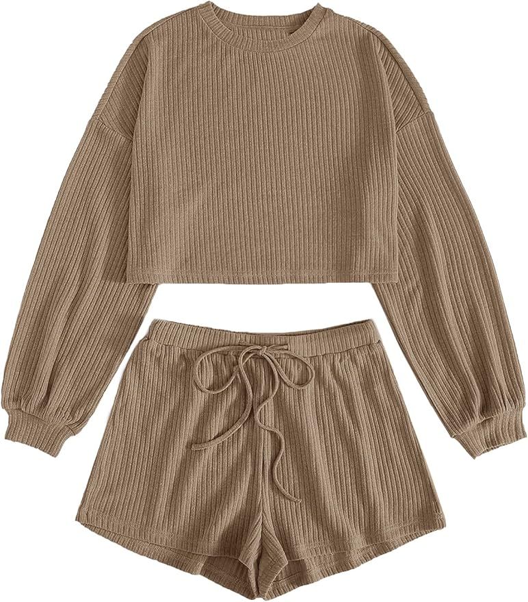 Verdusa Women's 2 Piece Lounge Sets Rib Knit Crop Top & Shorts Sweater Sweatsuit | Amazon (US)