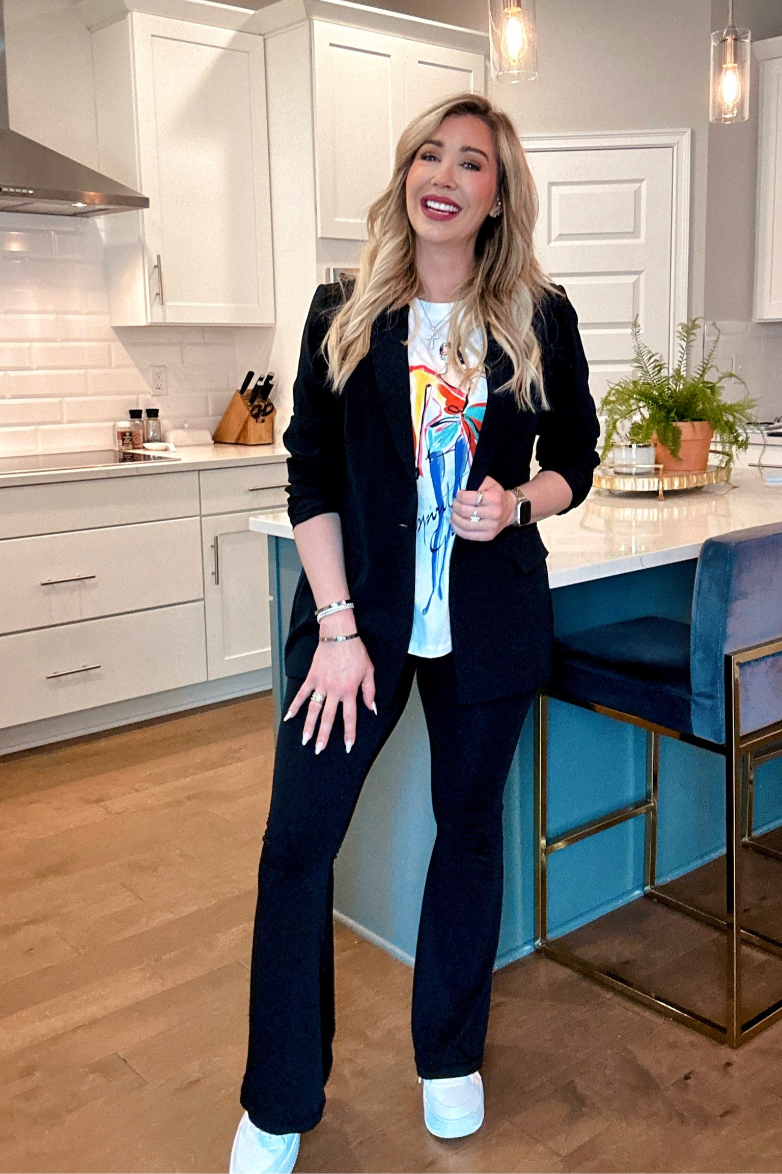 The most comfortable, pulled together look. My tshirt is from Zara. 

Flare leggings are a constant repeat. They are so soft and so flattering!

This blazer is a closet staple. Great quality & fit. I own it in several colors. 

Wearing mediums