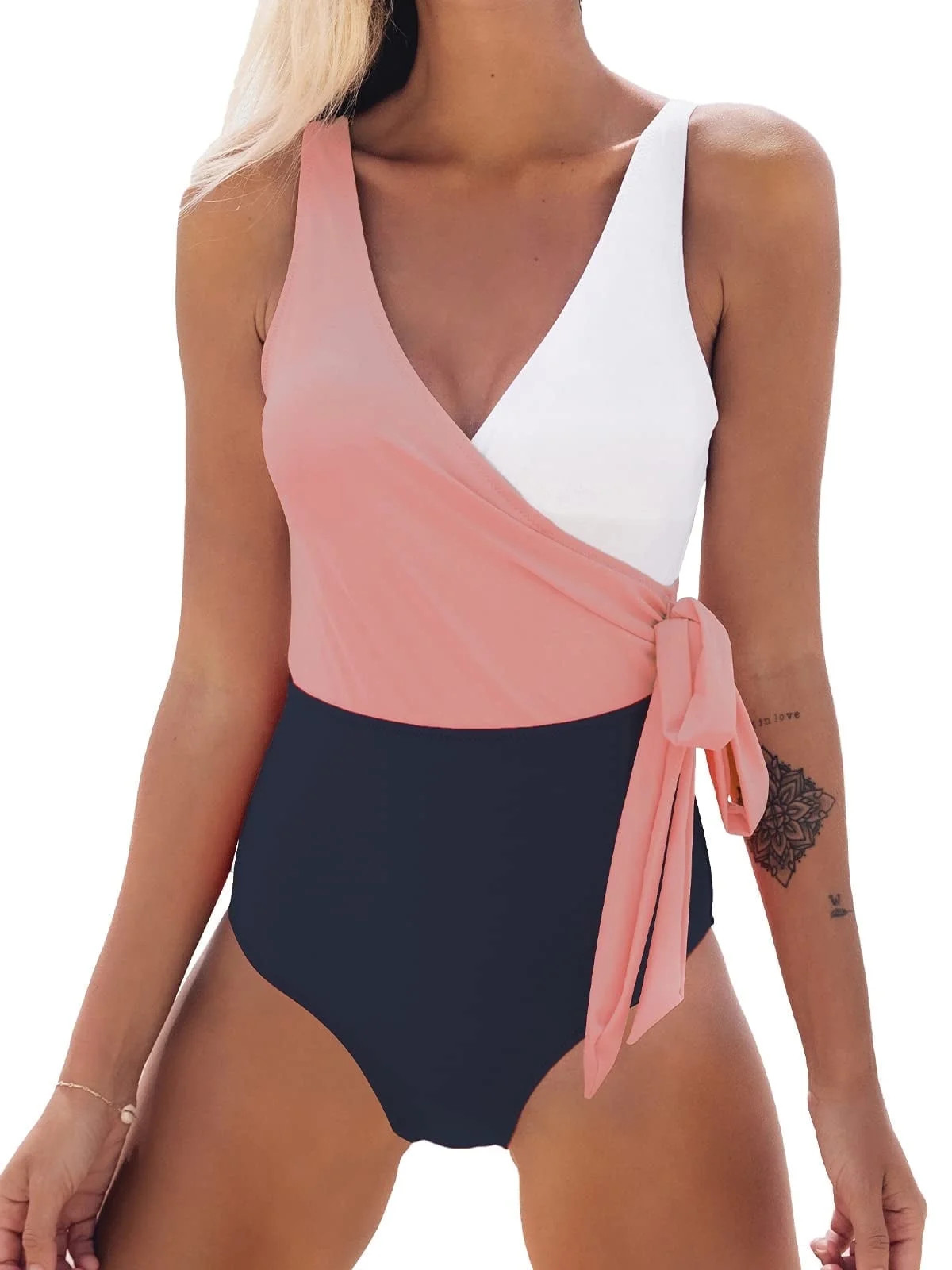 Cupshe Women's Pink Color Block One Piece Swimsuit Plunging Knotted Monokini - Walmart.com | Walmart (US)