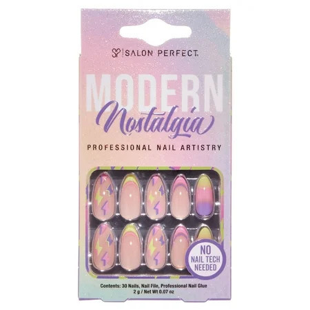 Salon Perfect Artificial Press on Nails 211 Modern Nostalgia Neon Lightning Medium Almond Glue On Fake Nails File & Nail Glue Included 30 Nails | Walmart (US)