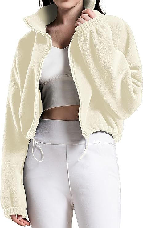 Women's Full Zip Fleece Short Jacket Oversized Athletic Running Long Sleeve Stand Collar Crop War... | Amazon (US)