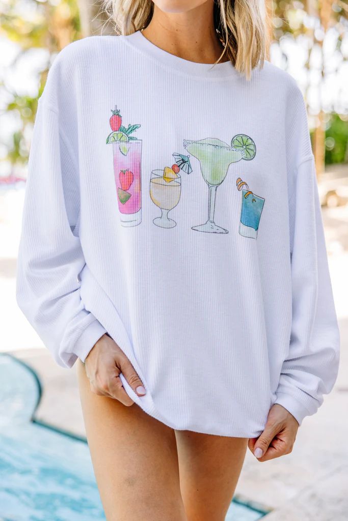 Happy Hour White Corded Graphic Sweatshirt | The Mint Julep Boutique