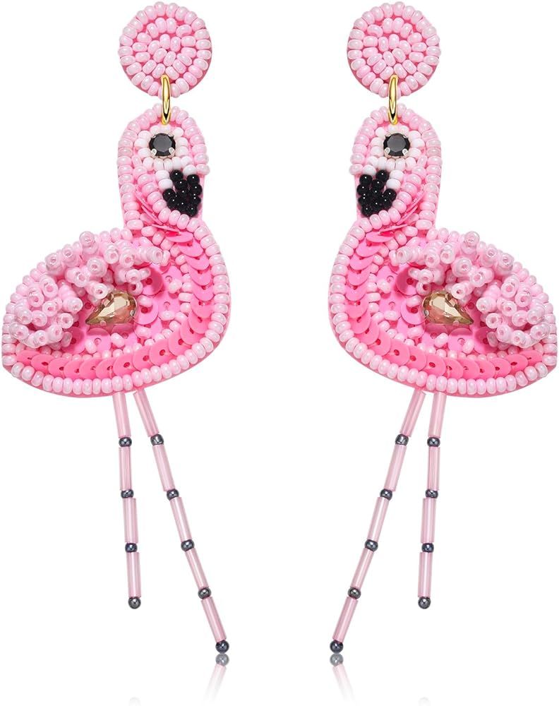 Pink Flamingo Beaded Dangle Earrings for Women Handmade Boho Tropical Bird Drop Earrings Cute Fla... | Amazon (US)