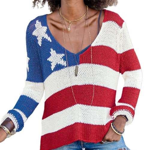 Women's American Flag Sweater Loose Long Sleeve Knit Pullover Top Vintage 4th of July Jumper Patriotic Knitwear (Star Blue, S) | Amazon (US)