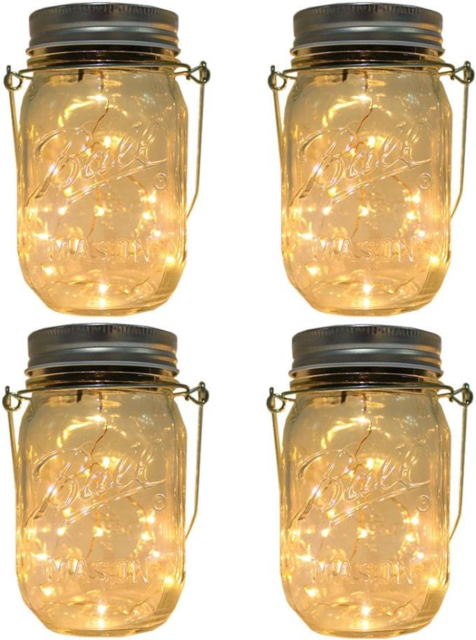 CHBKT 4-Pack Solar-powered Mason Jar Lights (Mason Jar / Handle Included),20 Bulbs Jar Hanging Li... | Amazon (US)