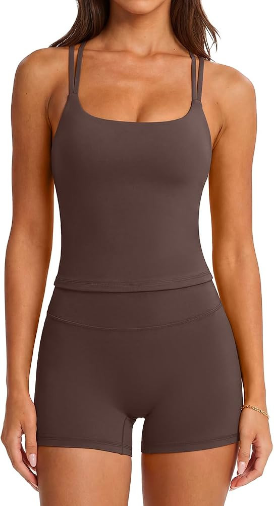 SUUKSESS Women 2 Piece Workout Sets Padded Low Impact Yoga Tops High Waisted Biker Shorts with Po... | Amazon (US)