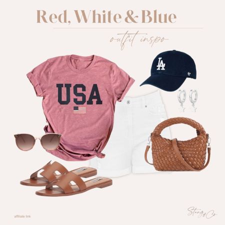 This red, white and blue outfit inspiration includes a red USA tee, white denim shorts, a navy blue LA hat, woven purse, tan sandals, sunglasses, and silver star dangling earrings.

4th of July outfit, Memorial Day, patriotic outfit, summer outfit, amazon fashion, tall friendly fashion

#LTKShoeCrush #LTKStyleTip #LTKFindsUnder50