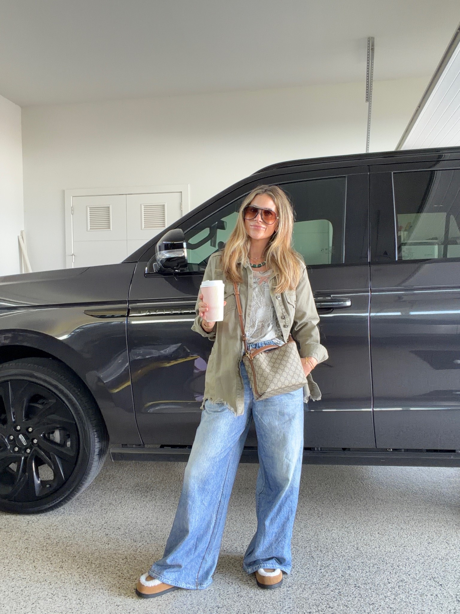 Today’s outfit! 
Amazon sunglasses 
Free people utility jacket (sold out, linked similar options) 
Maeve cotton wide leg pants from Avara! 
Steve Madden faux fur mules 
Gucci bucket bag 

#LTKOver40 #LTKmomlife #LTKootd