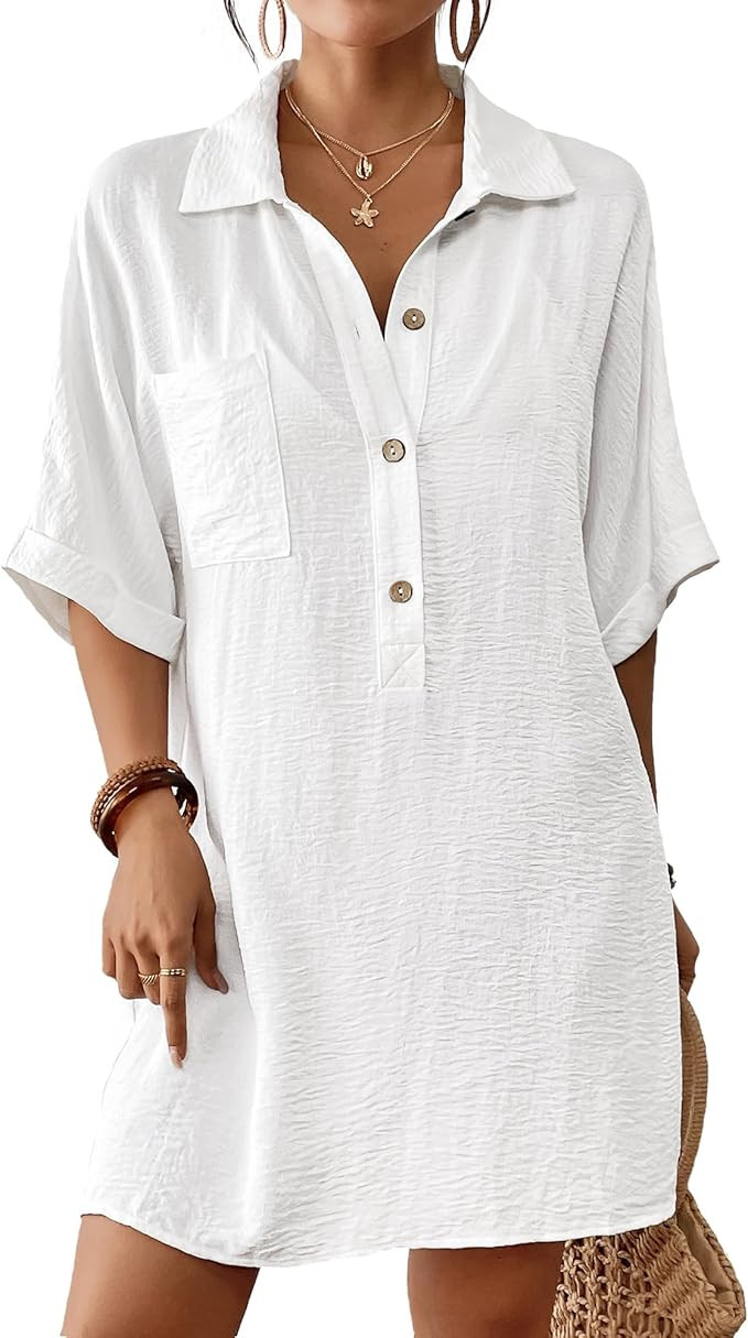 Bsubseach Cover Ups for Swimwear Women Short Sleeve Beach Swimsuit Coverup Loose Shirt Dress 2025... | Amazon (US)