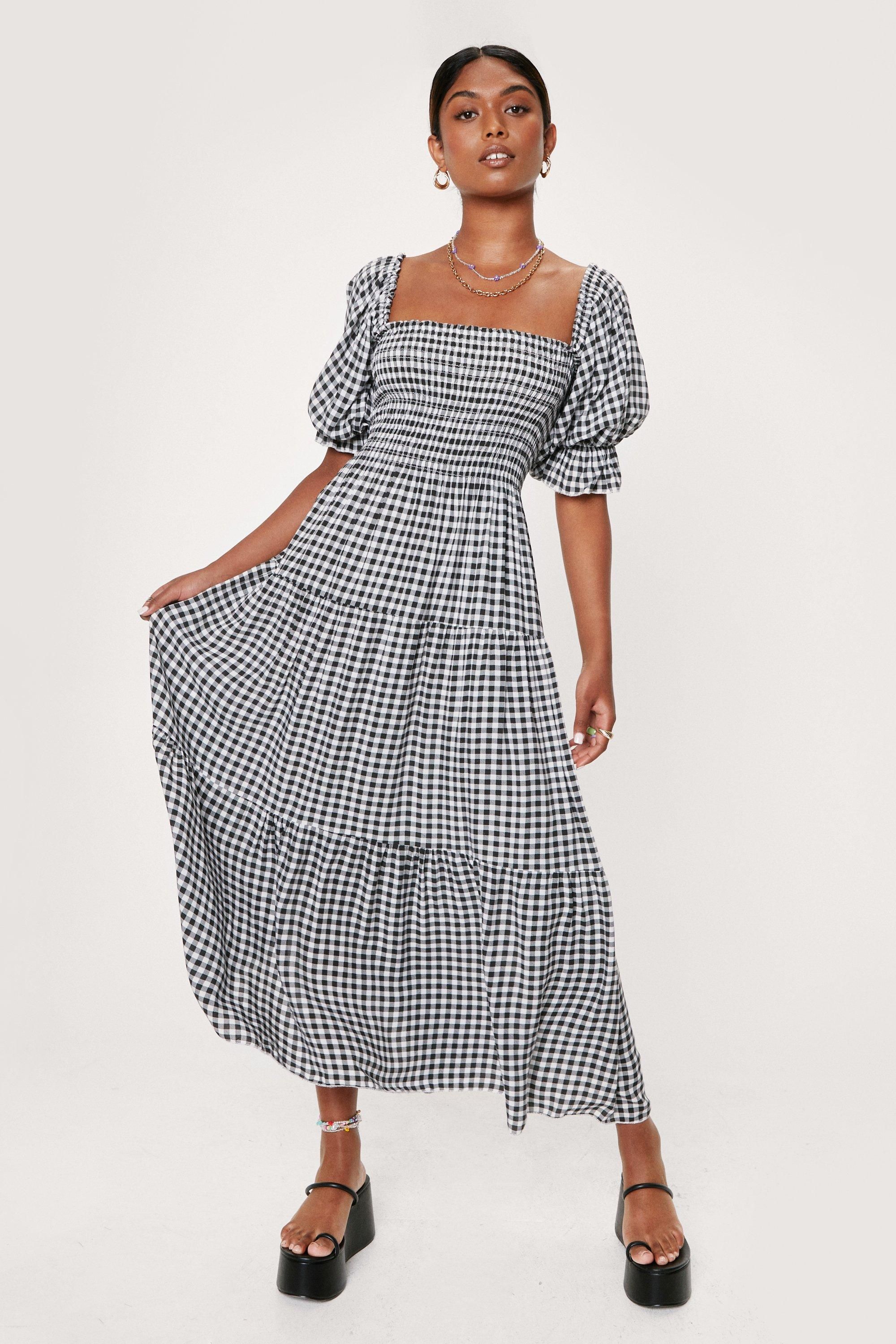 Gingham Puff Sleeve Tiered Maxi Dress | Nasty Gal (US)