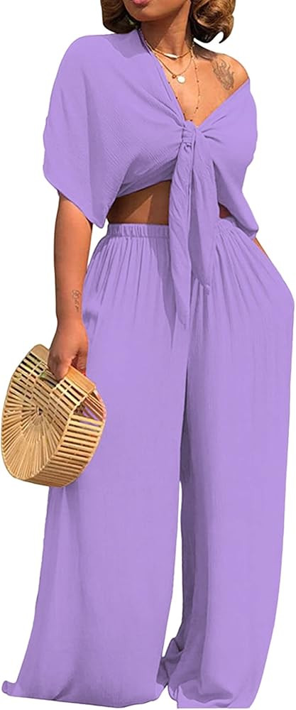 Hount Womens 2 Piece Outfits Deep V Neck Tied Front Crop Tops Wide Leg Pant Sets Jumpsuit Rompers... | Amazon (US)