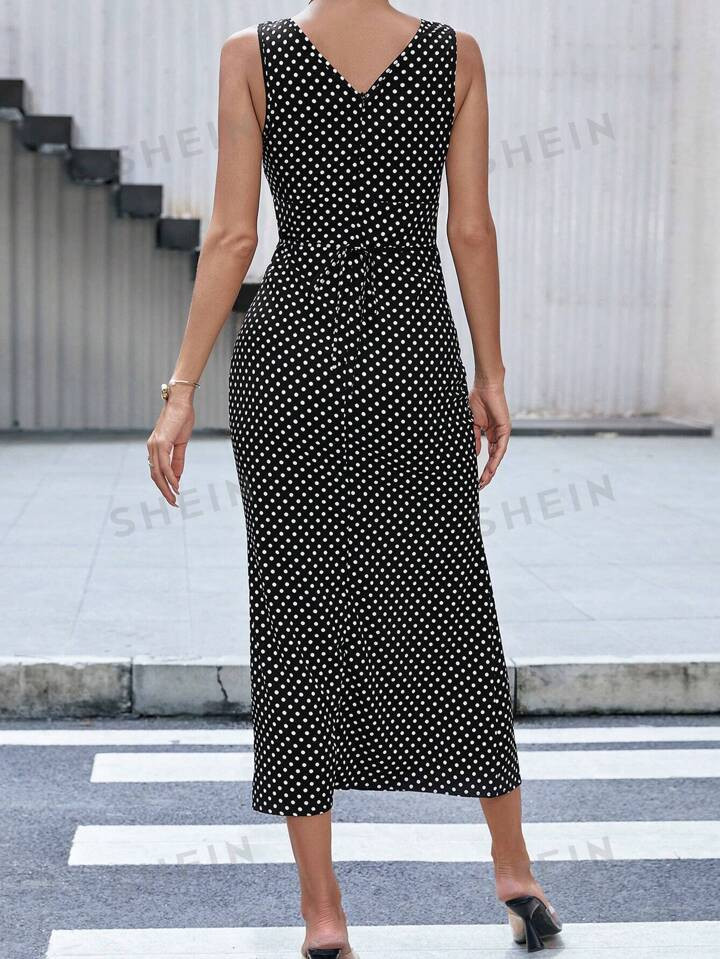 SHEIN Privé Polka Dot Print Split Thigh Bodycon Dress | SHEIN
