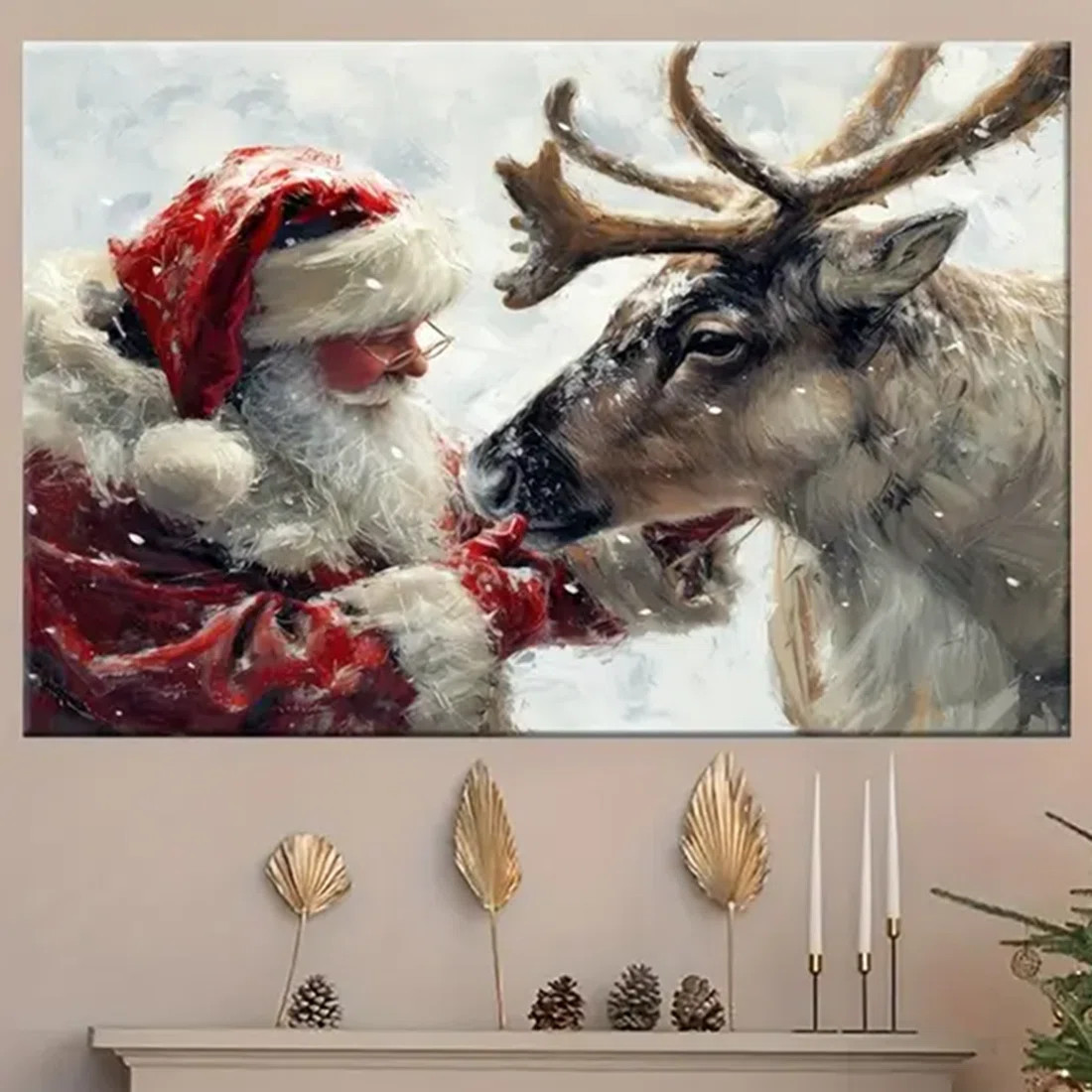 28*40 1Pc Wooden Framed Santa Claus Petting Reindeer Canvas Wall Art - Festive Christmas Decor Fo... | Wayfair North America