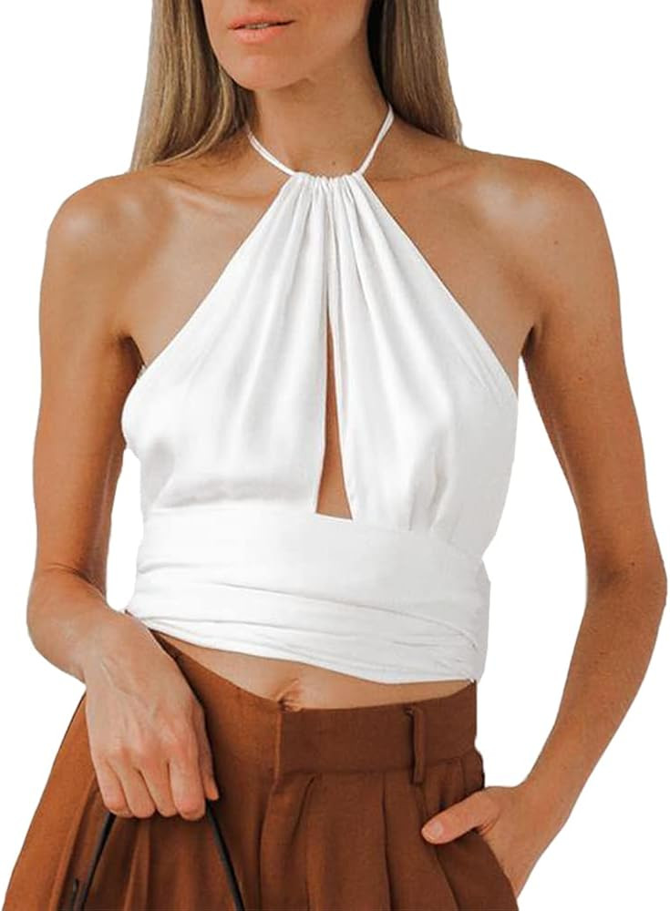 Susupeng Women Halter Lace-up Hollow Out Crop Tank Top Backless Ruched Waist T-Shirt Camis Tops | Amazon (US)