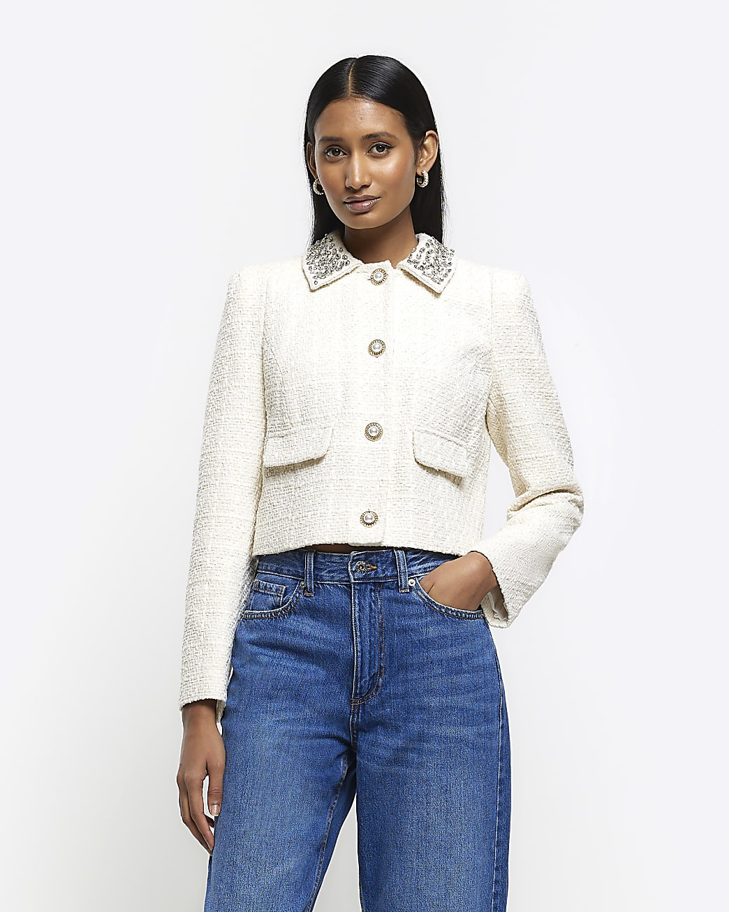 Cream embellished collar crop jacket | River Island (UK & IE)