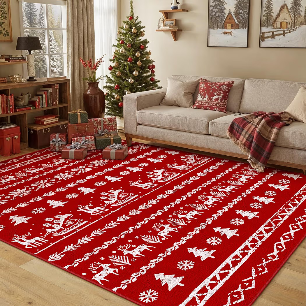 Christmas Area Rug 5x7 Red Kitchen Washable Carpet Xmas Snowflake Holiday Decor Indoor Throw Rug ... | Amazon (US)