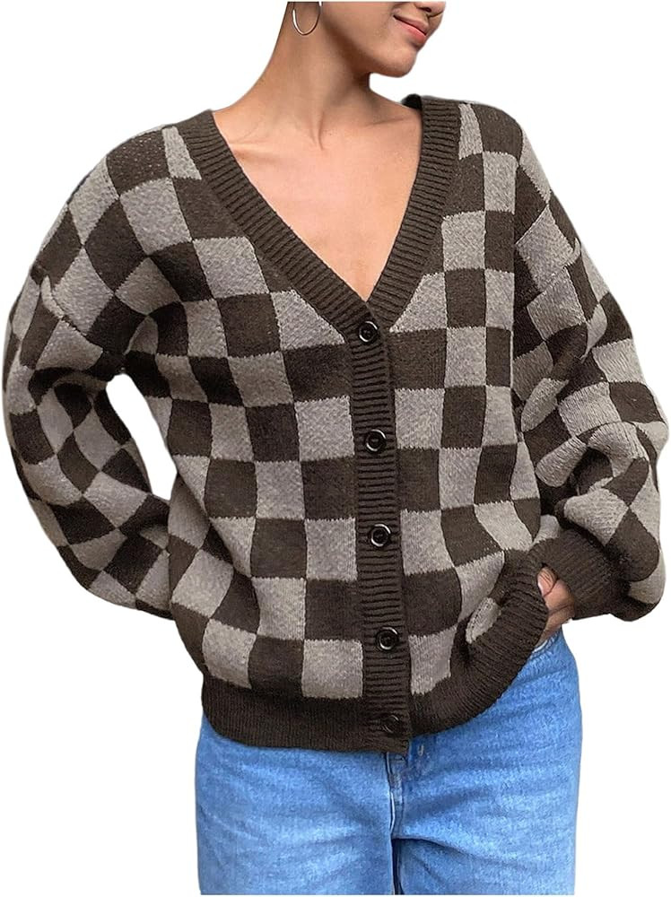 SOLY HUX Women's Checkered Button Down Cardigan Sweater V Neck Long Sleeve Loose Outerwear | Amazon (US)