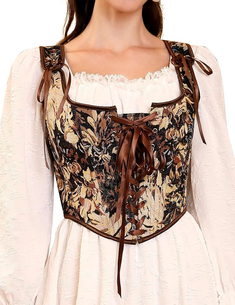 KOJOOIN Women's Vintage Floral Corset Lace-Up Fishbone Print Vest Renaissance pirate costume | Amazon (US)