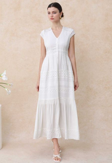 Eyelet Embroidery Panelled Button Down Dress | Chicwish