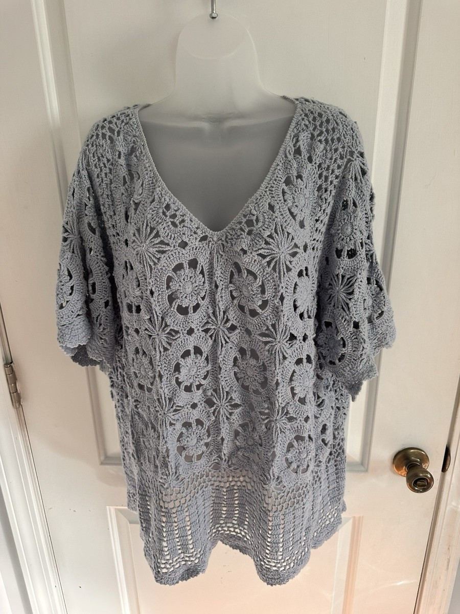 Denim 24/7 Gray Crochet Lace Top 2X Boho Open Knit Tunic Plus Size | eBay US