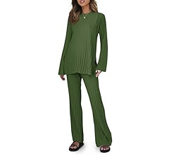 Tankaneo Womens Ribbed Knit Lounge Sets 2 Piece Outfit Long Sleeve Top and Pant Sets Casual Pajam... | Amazon (US)