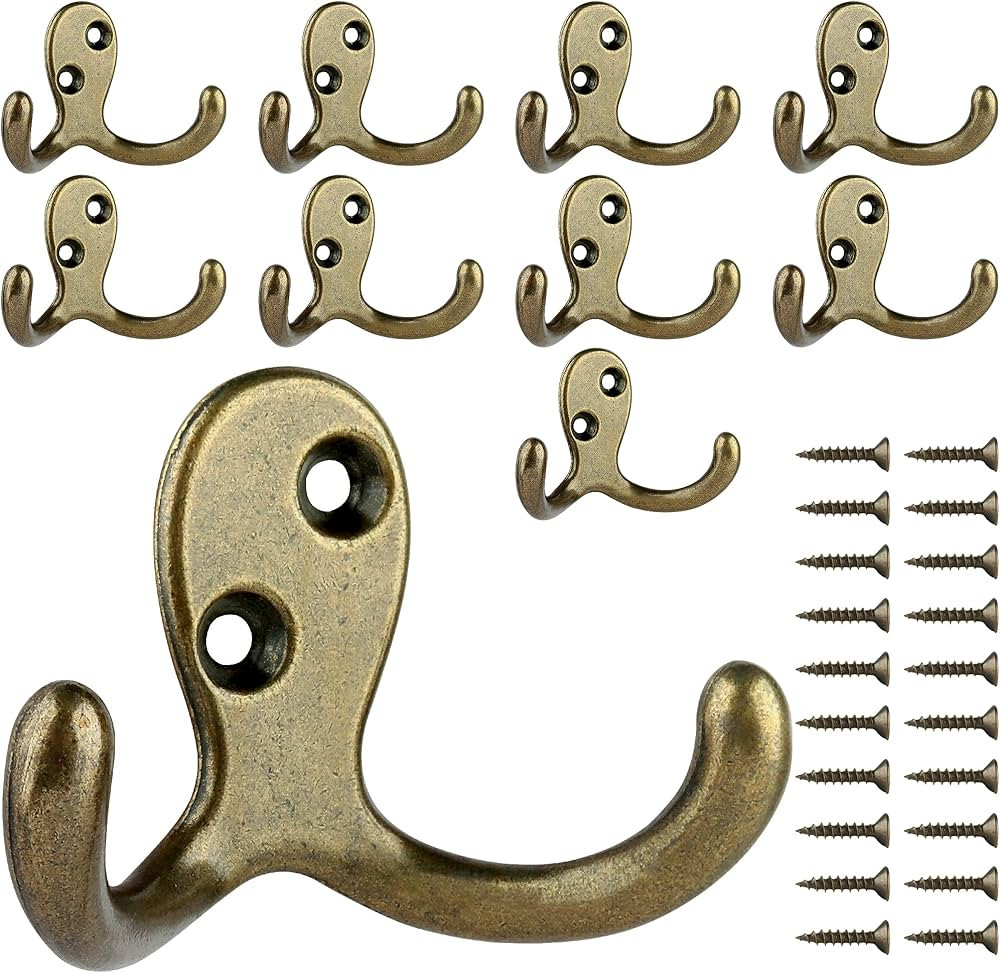 IBosins 10 Pack Heavy Duty Double Prong Coat Hooks Wall Mounted with 20 Screws Retro Double Hooks... | Amazon (US)