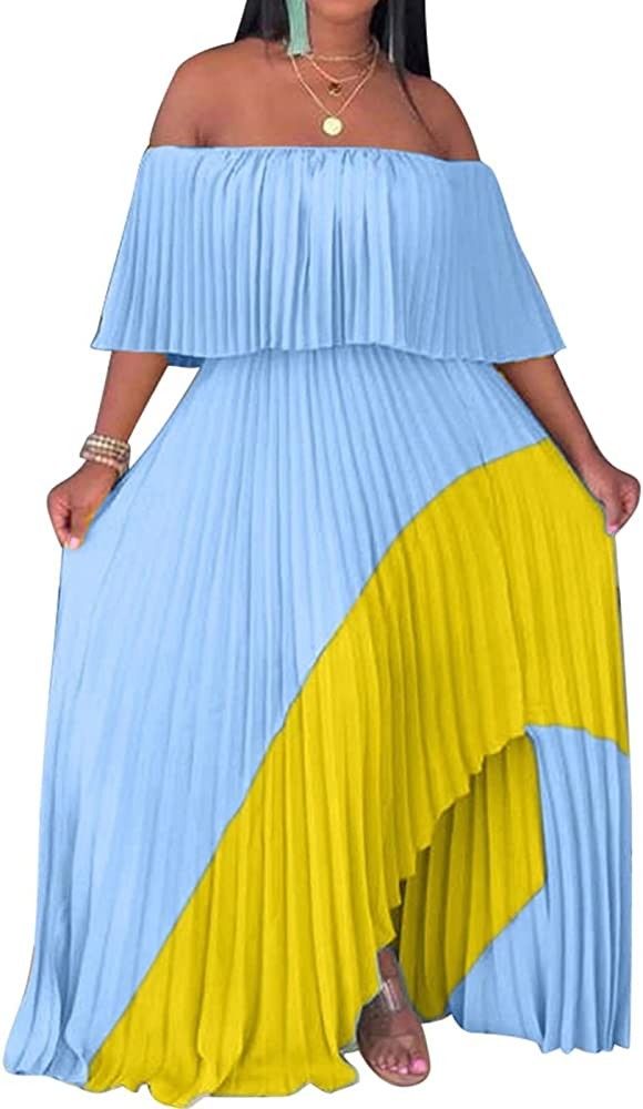 IyMoo Womens Sexy Chiffon Sundress Off Shoulder Ombre Tie Dye Pleated Skirts Long Boho Beach Maxi Dr | Amazon (US)
