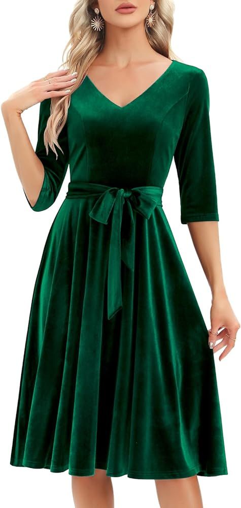 Bbonlinedress Long Sleeve Velvet Vintage Tea Dress Formal Cocktail Wedding Midi V-Neck Fit and Fl... | Amazon (US)