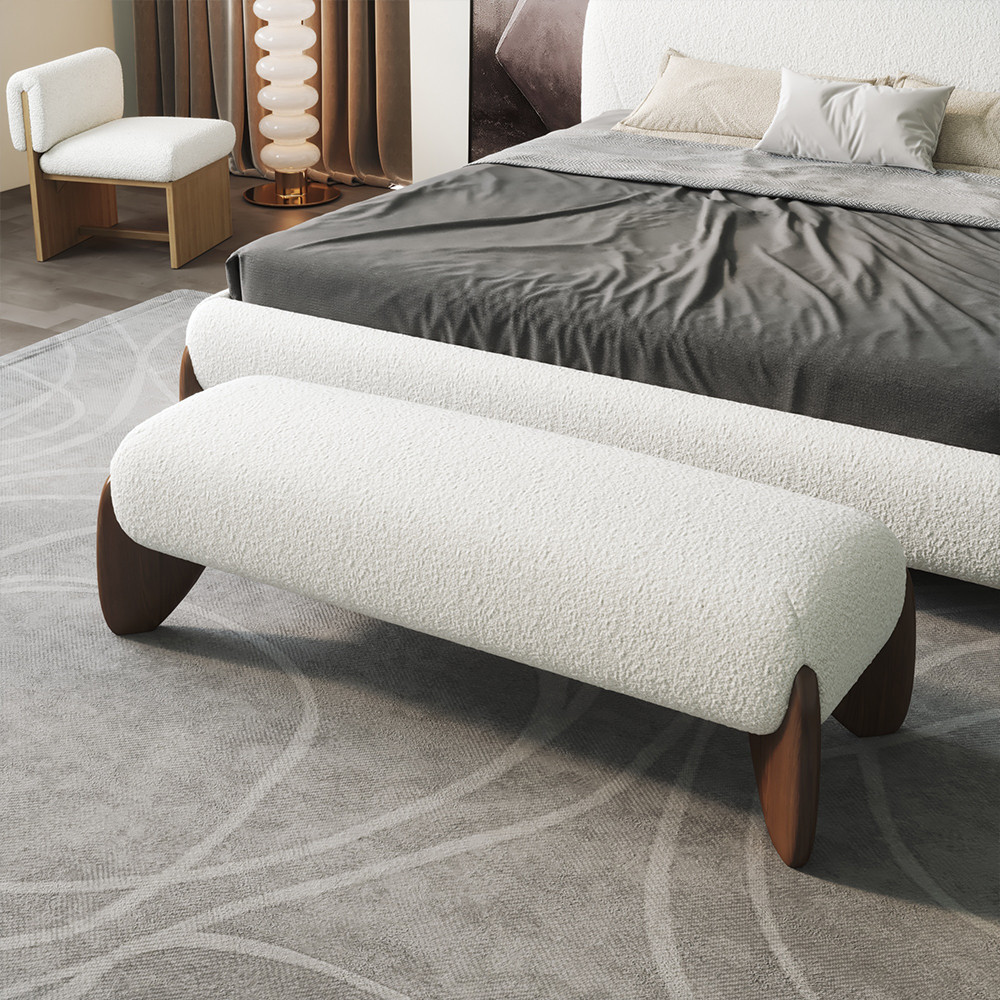 Modern White Boucle Bedroom Bench Upholstered Long Bench with Wood Legs | Homary