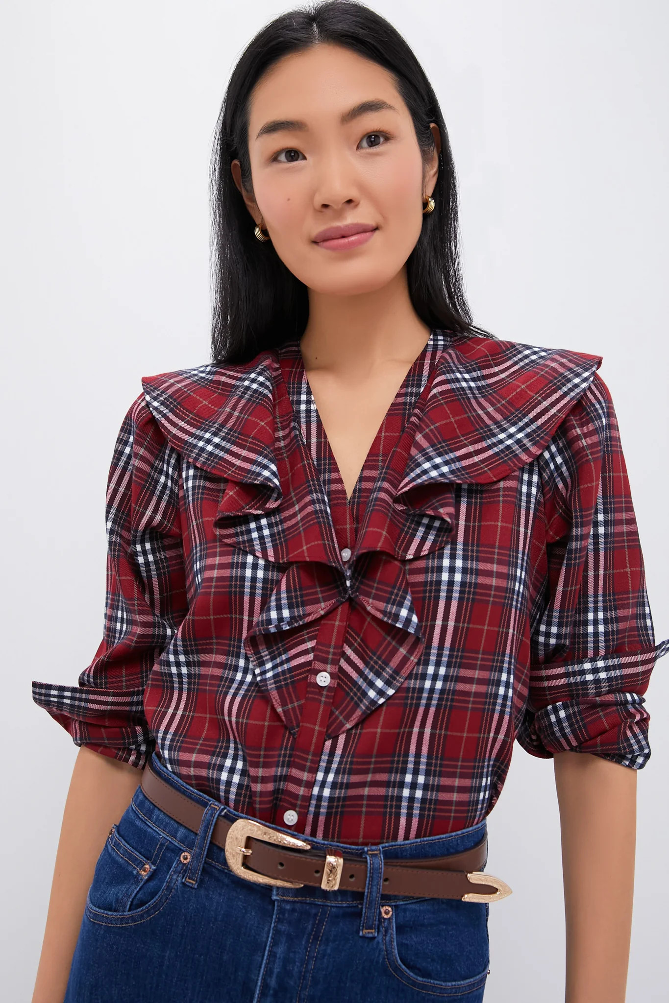 Red Plaid V Neck Ruffle Eileen Button Down | Tuckernuck (US)