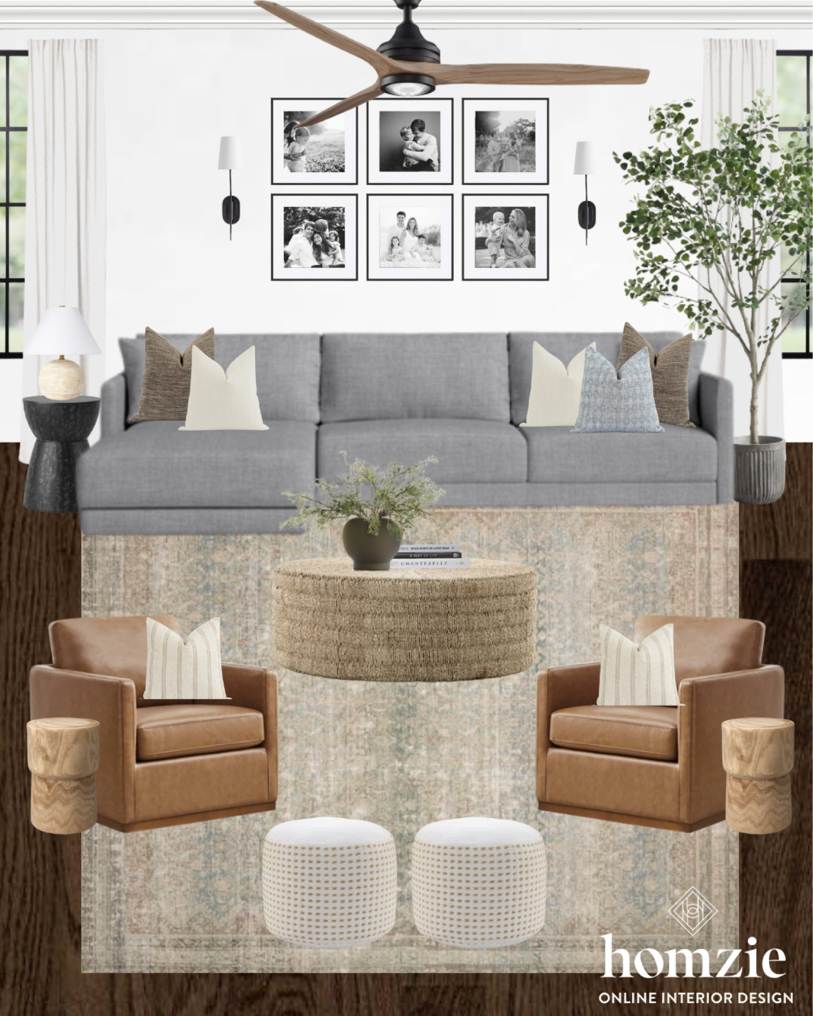 Modern farmhouse living room design! Featuring a gray sectional, faux leather swivel chairs, gallery wall, and neutral rug! 

#LTKfamily #LTKhome #LTKkids